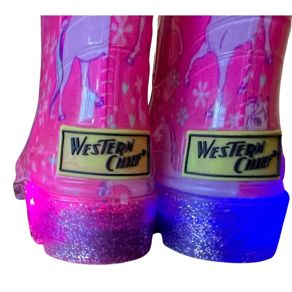 EUC Western Chief Toddler Girl Light Up Pink Unicorn Rain Boots